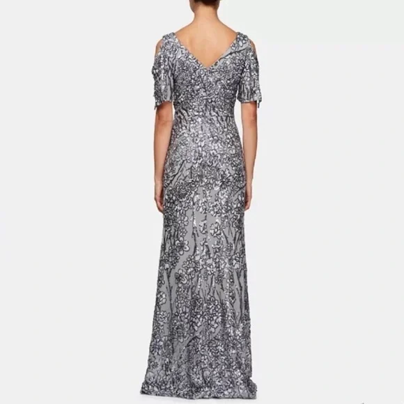 Alex Evenings Sequinned Cold-Shoulder Gown in Silver - Picture 3 of 11